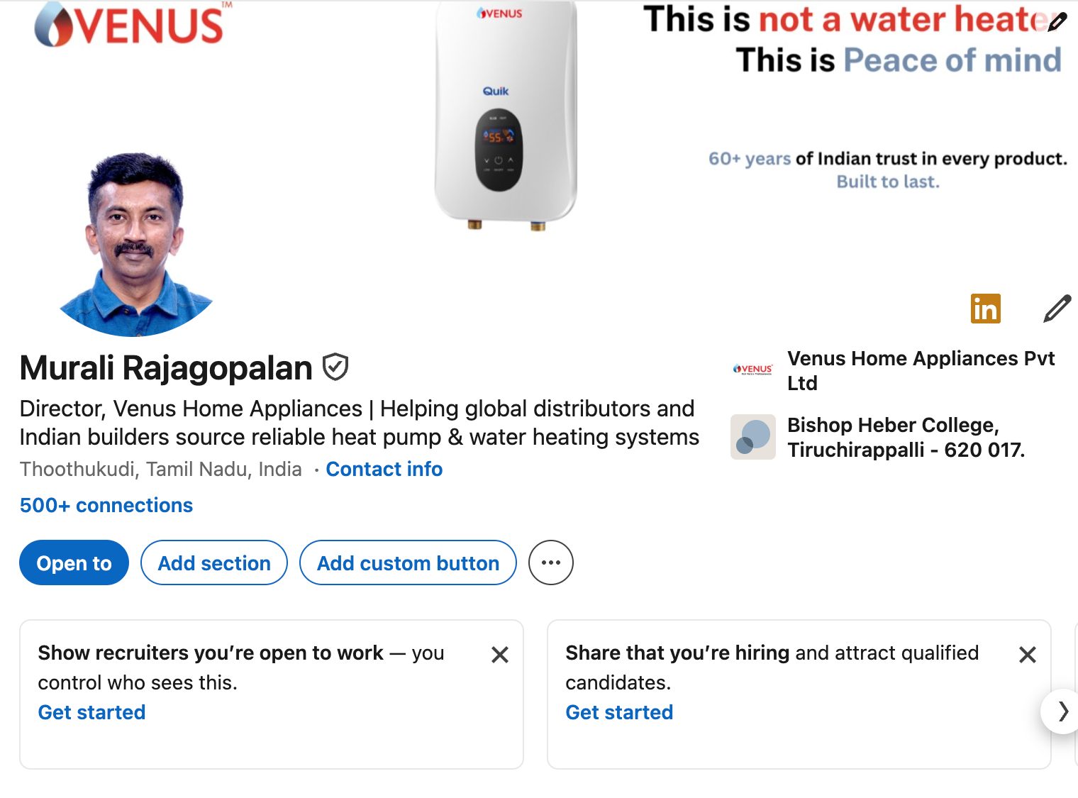 Murali's LinkedIn profile after