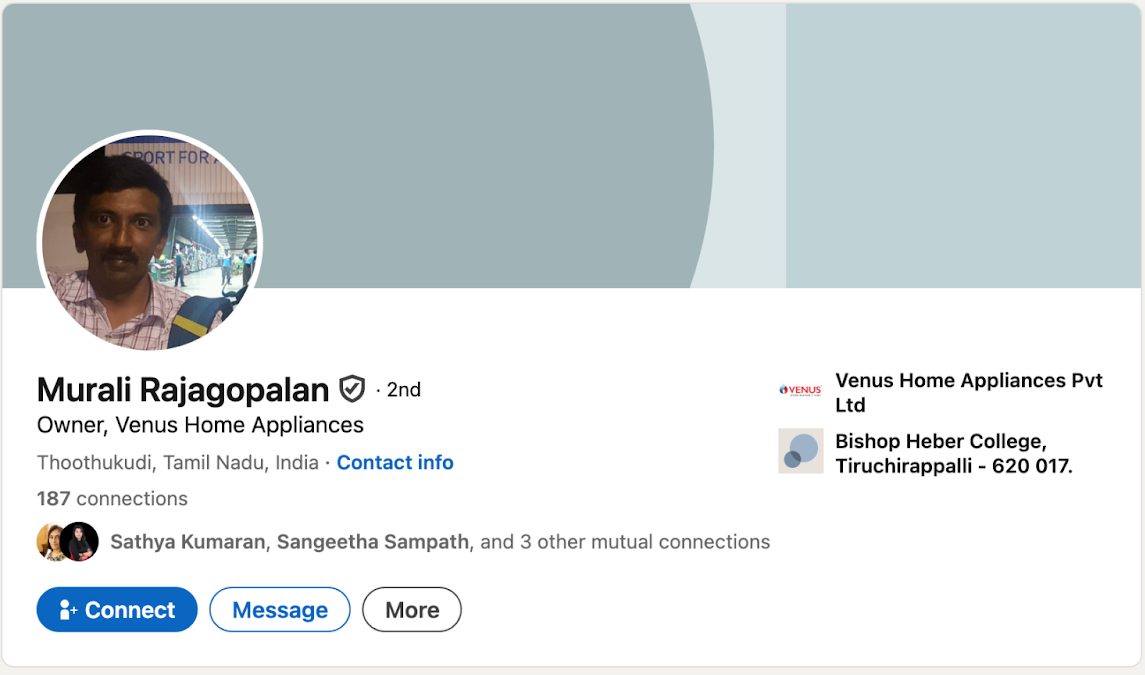 Murali's LinkedIn profile before